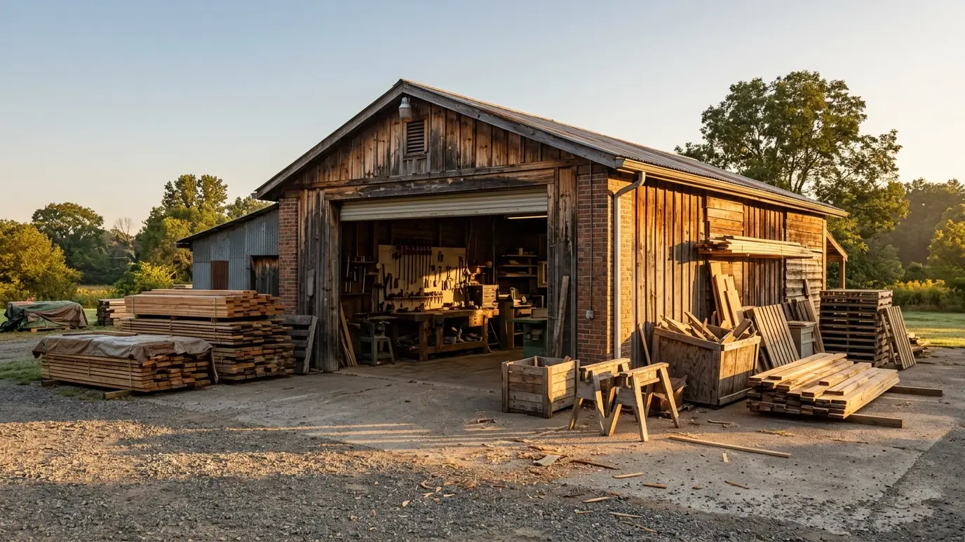 About Music City Carpenter A carpentry shop exterior at sunrise with neatly stacked lumber bundles, sawhorses and an open roll-up door showing a workbench inside