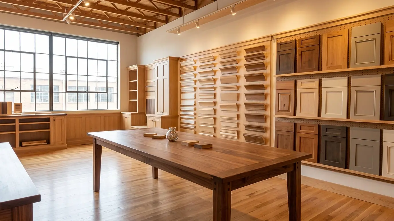 A bright showroom of finished custom woodwork with a sample wall of trim profiles, cabinet door samples and a walnut table in warm light