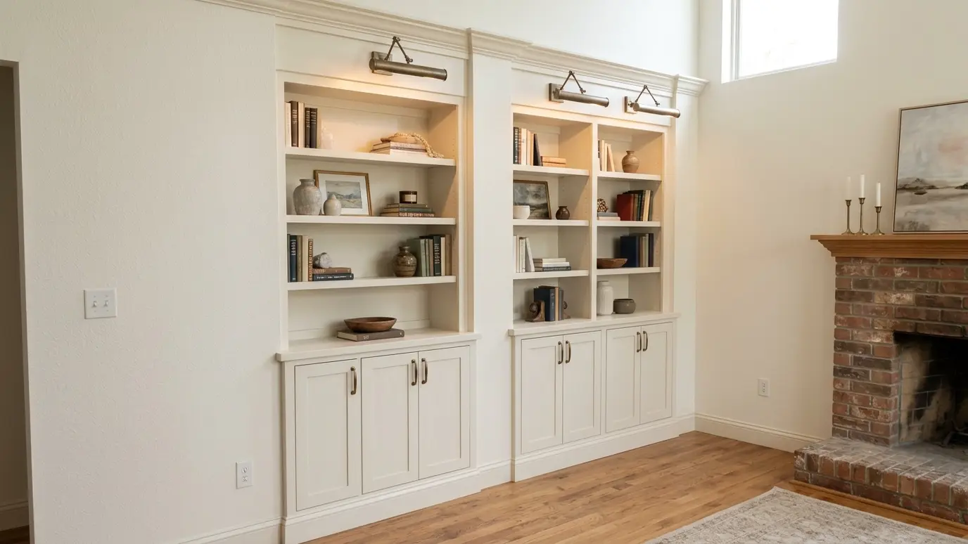 After: Plain wall becomes built-in bookcases | Music City Carpenter After: a living room fireplace wall with painted built-in bookcases with picture lights and cabinets below