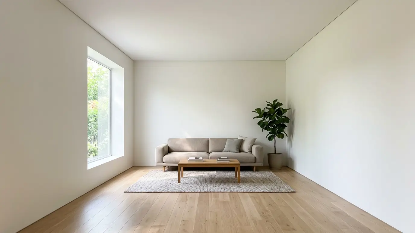 Before: a living room with plain flat walls with no trim and a bare ceiling edge