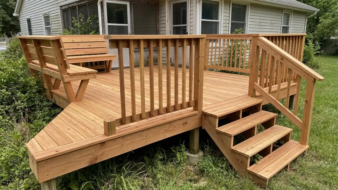 After: Worn deck rebuilt in cedar | Music City Carpenter After: a backyard deck with a new cedar deck with clean railings and a built-in bench