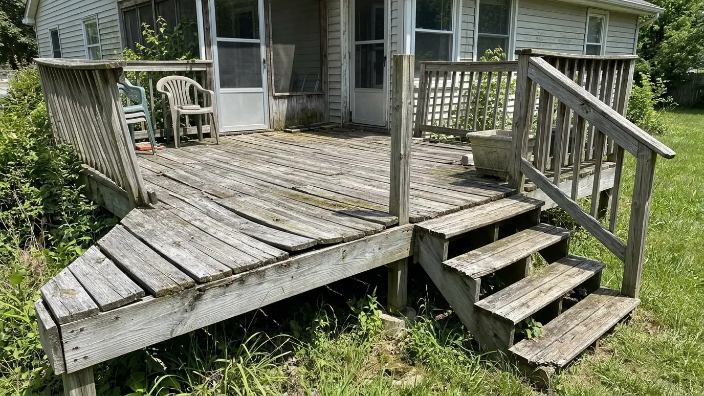 Before: a backyard deck with weathered gray boards, loose rails and a wobbly railing