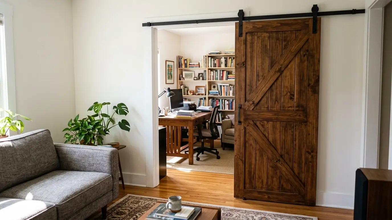 After: Open doorway gets a barn door | Music City Carpenter After: a doorway between two rooms with a stained wood sliding barn door on a black rail