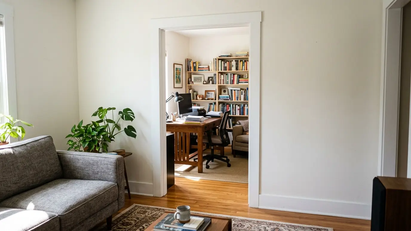 Before: a doorway between two rooms with a plain open doorway with no door