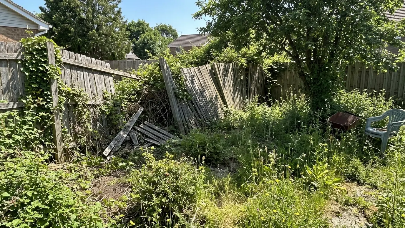 Before: a backyard with a leaning, broken wood fence and weeds