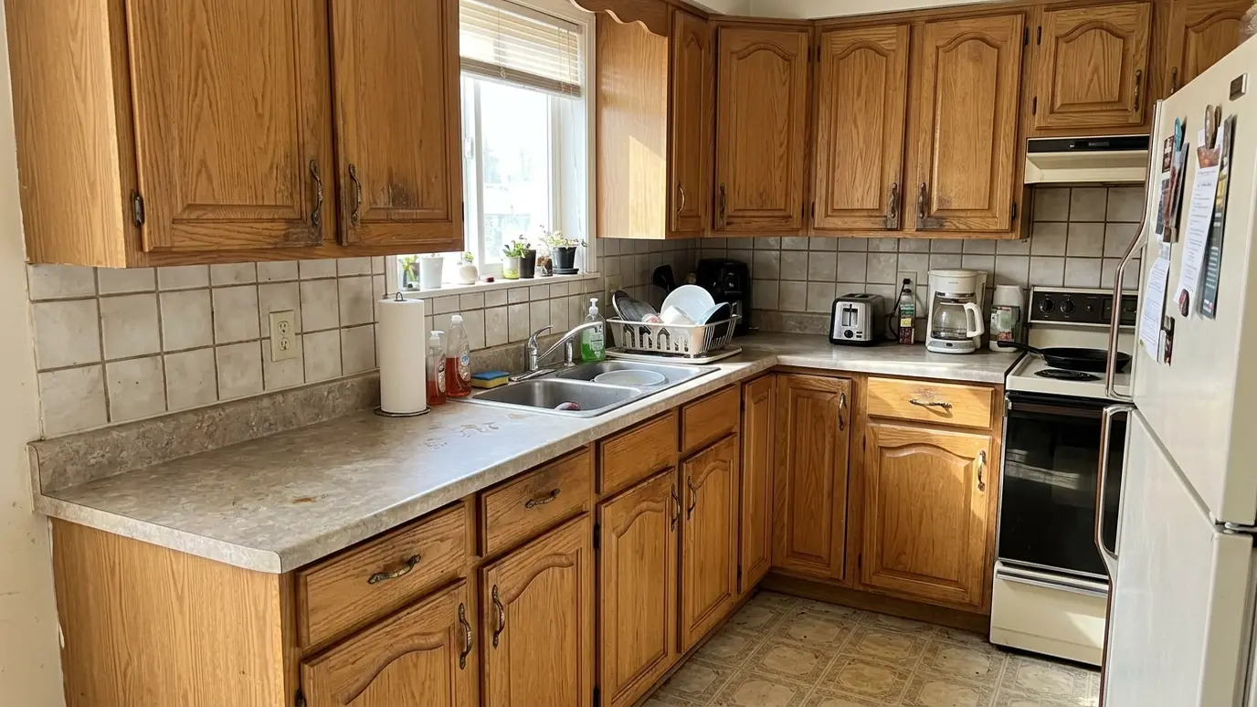 Before: a kitchen with worn builder-grade oak cabinets, laminate counters and an old backsplash