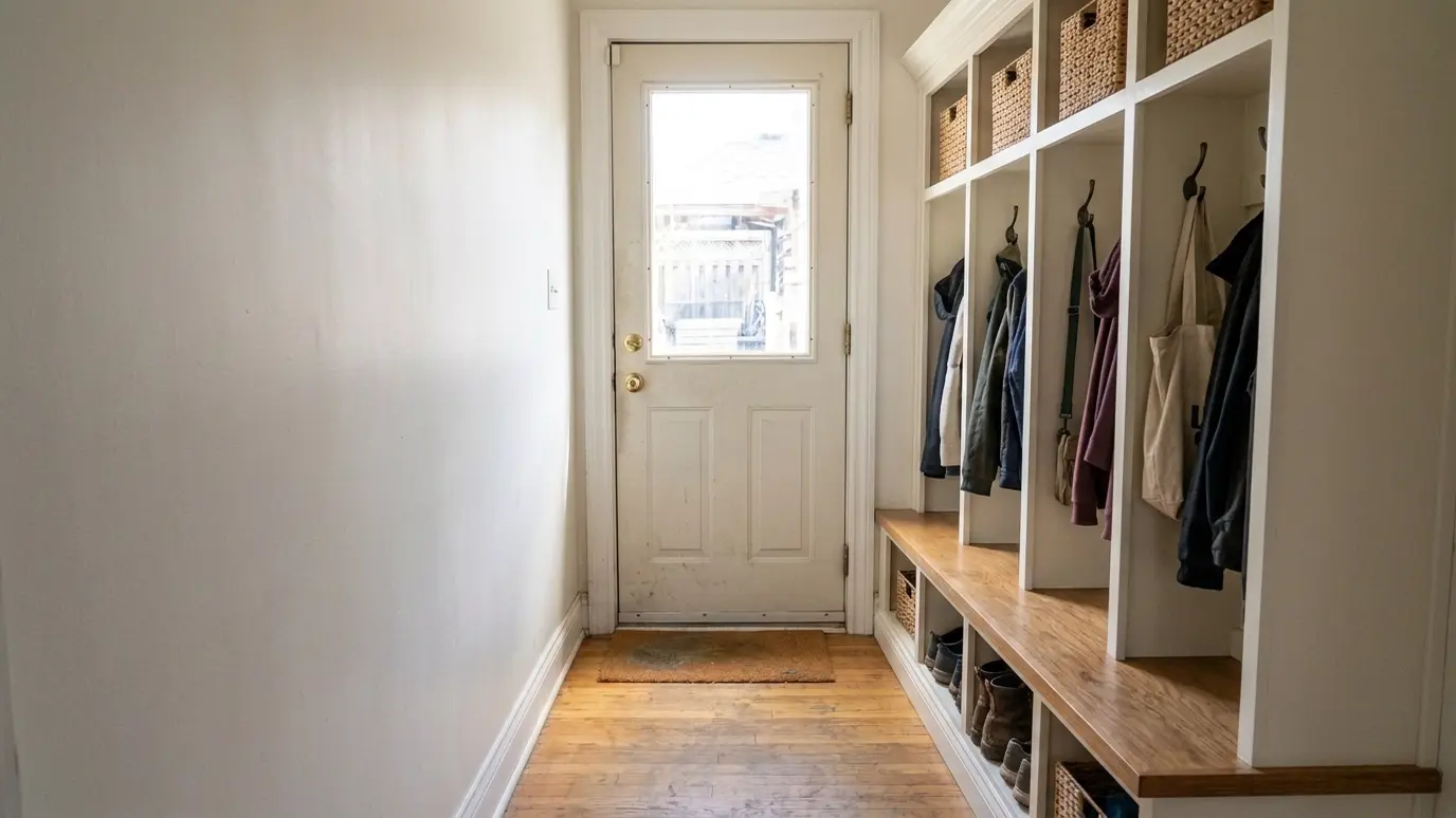 After: Bare entry becomes a mudroom | Music City Carpenter After: a back hallway with custom lockers with a bench, hooks and cubbies