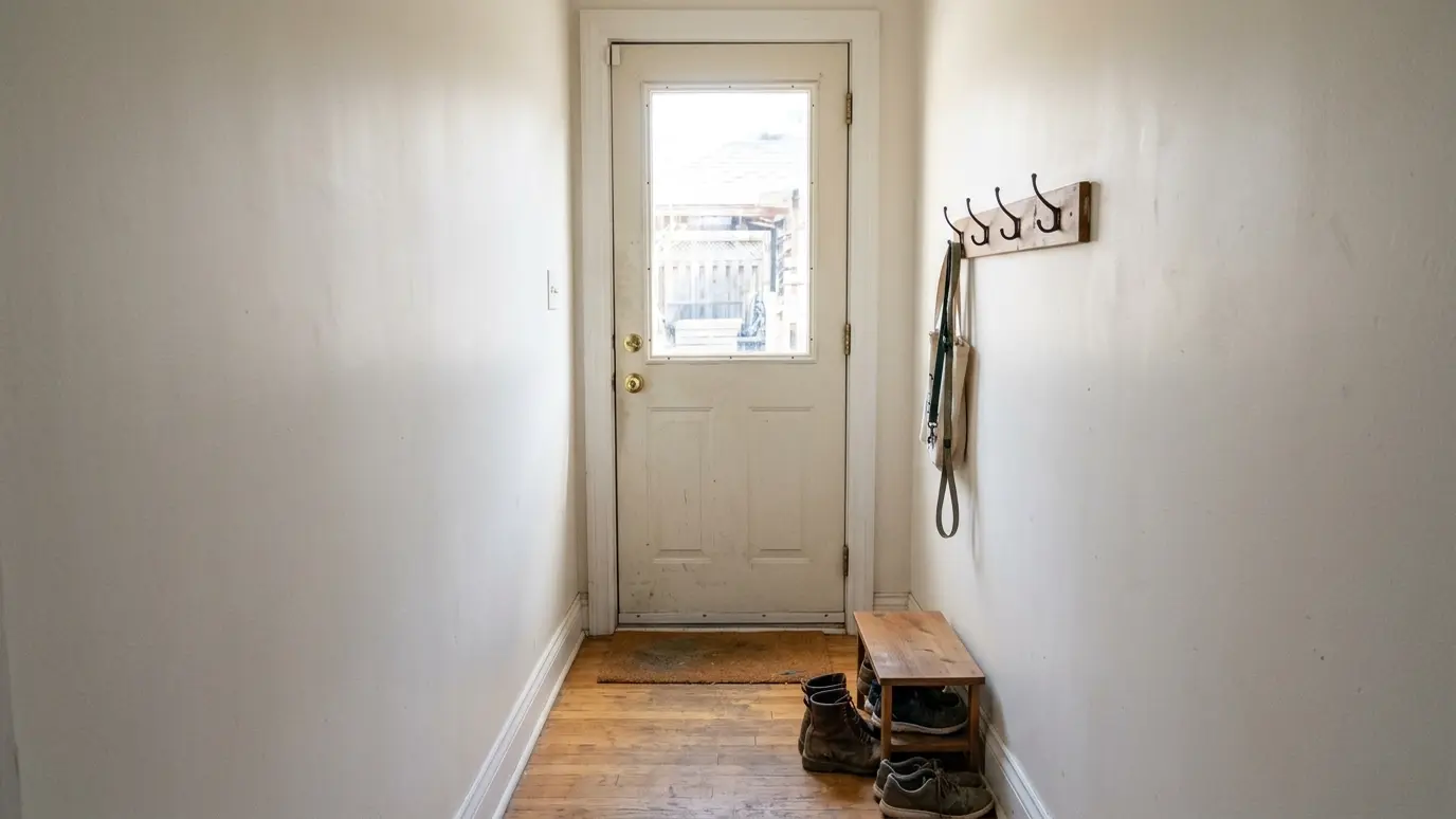 Before: a back hallway with plain walls and a few hooks