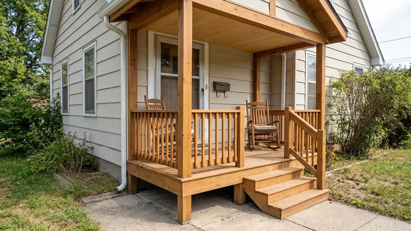After: Bare stoop becomes a timber porch | Music City Carpenter After: a front entrance with a covered timber porch with square columns, a beadboard ceiling and rocking chairs
