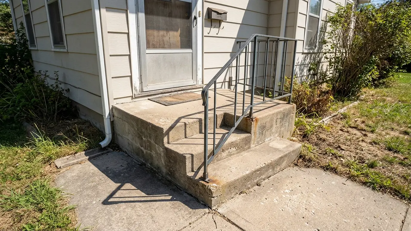 Before: a front entrance with a plain concrete stoop with a thin metal rail and no roof
