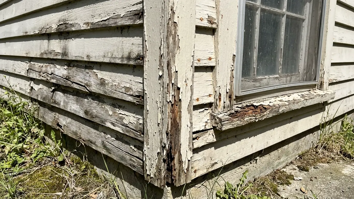 Before: a house exterior corner with rotted, peeling window trim and damaged siding boards