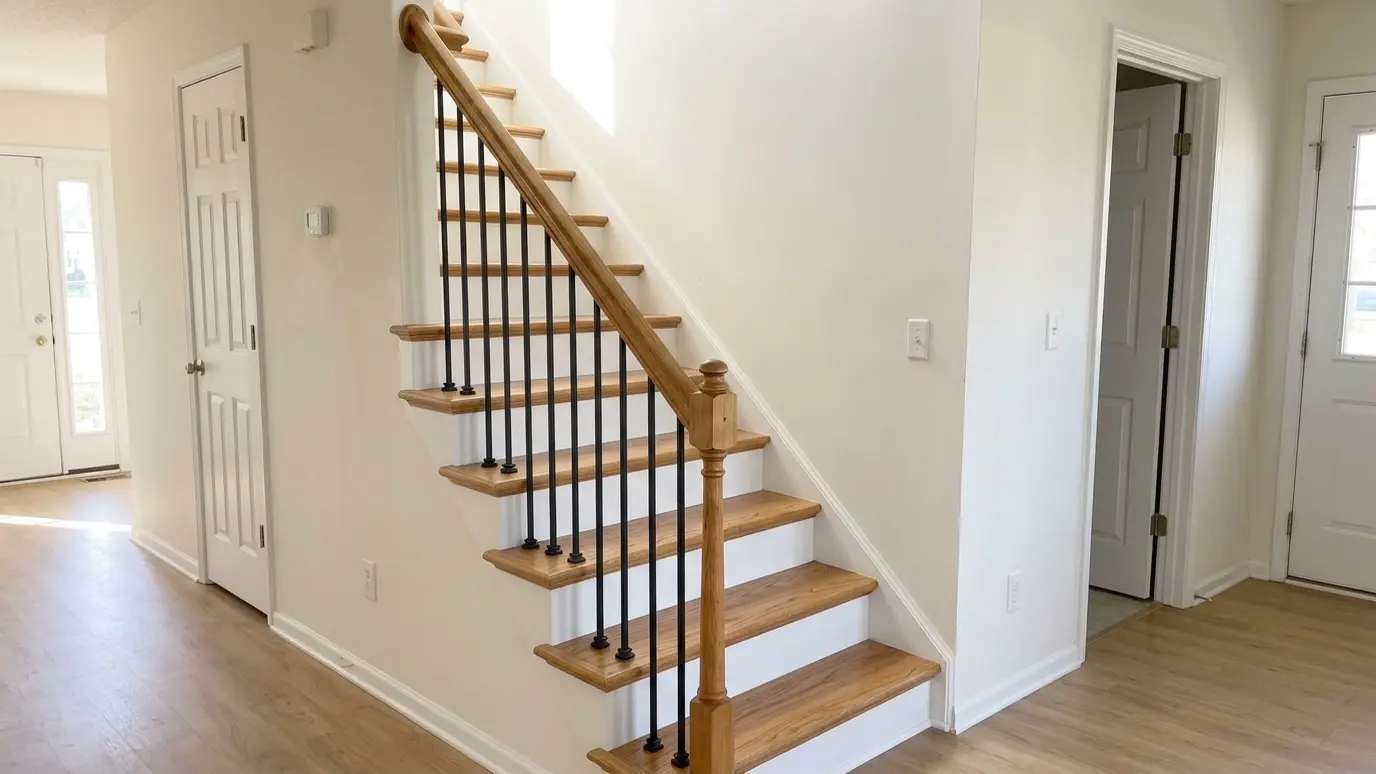 After: Builder stair upgraded to hardwood | Music City Carpenter After: a hallway staircase with hardwood treads with painted risers, a stained rail and iron balusters