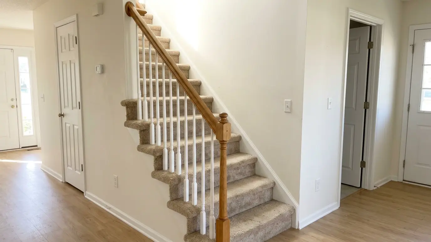 Before: a hallway staircase with a carpeted staircase with a basic handrail and thin spindles