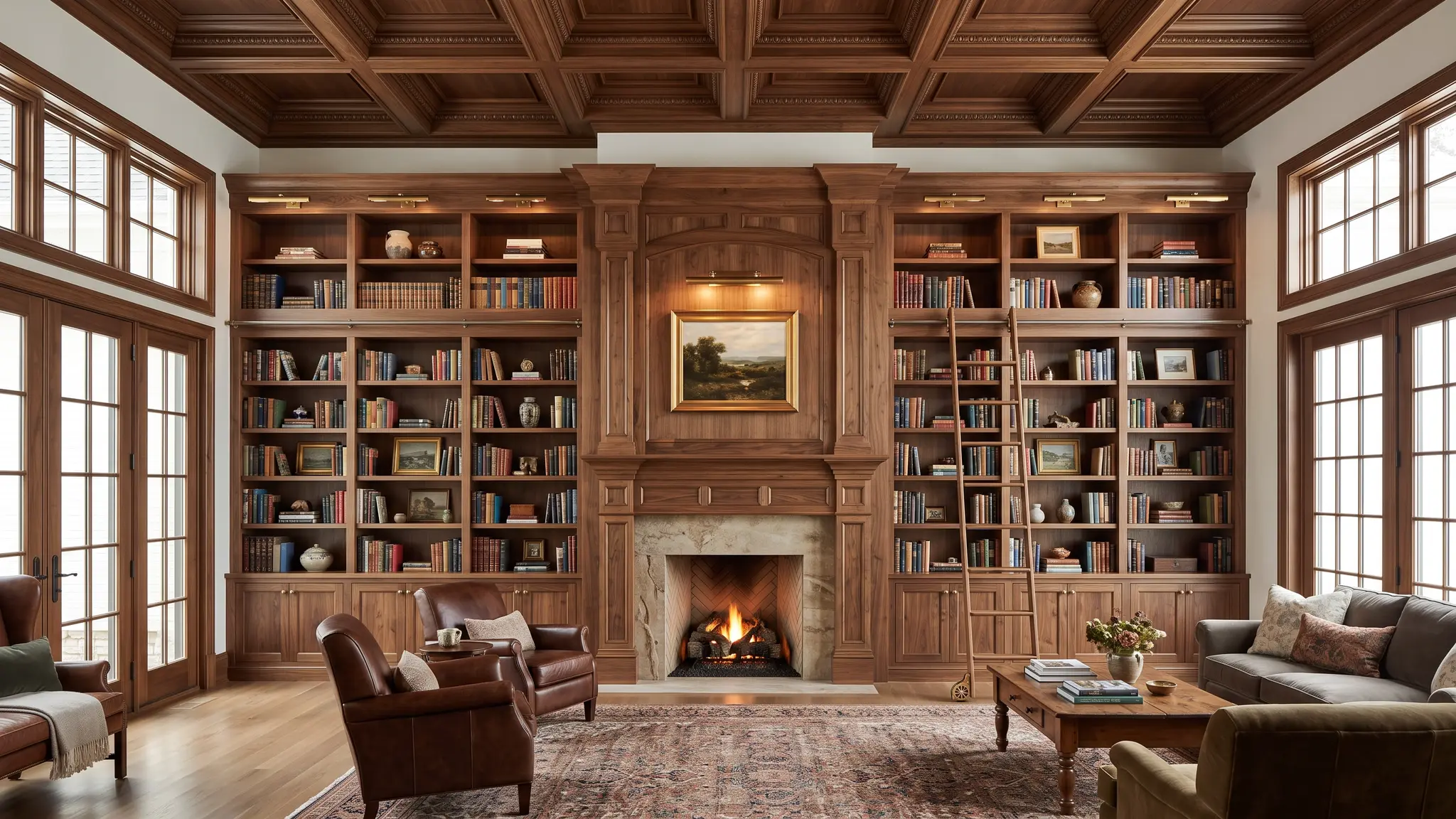 Built-in bookcases | Music City Carpenter A grand living room with custom built-in bookcases around a fireplace, picture lights, a coffered ceiling and a rolling library ladder