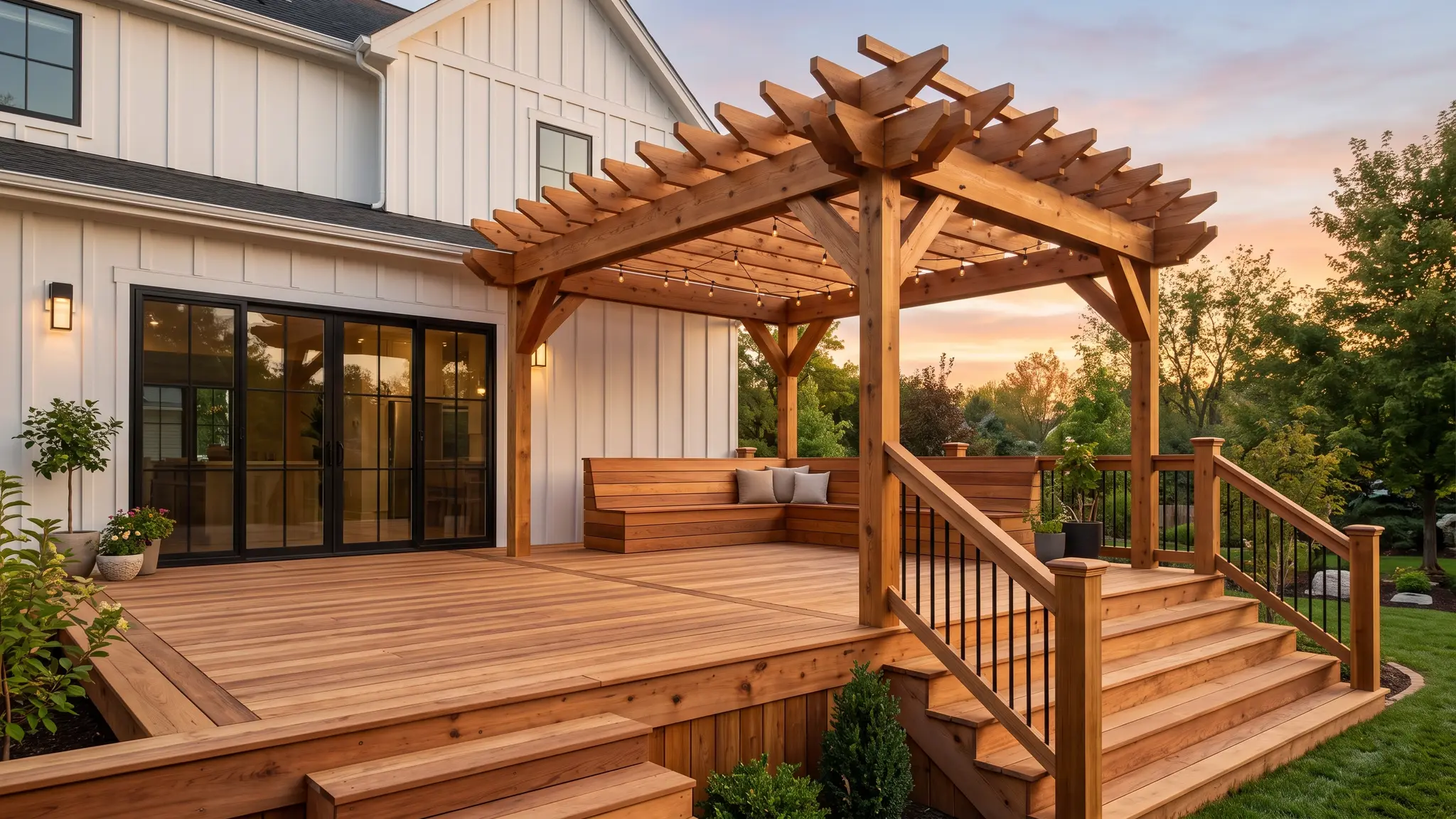 A custom cedar deck with a pergola, built-in bench seating and a stair railing behind a modern farmhouse at sunset