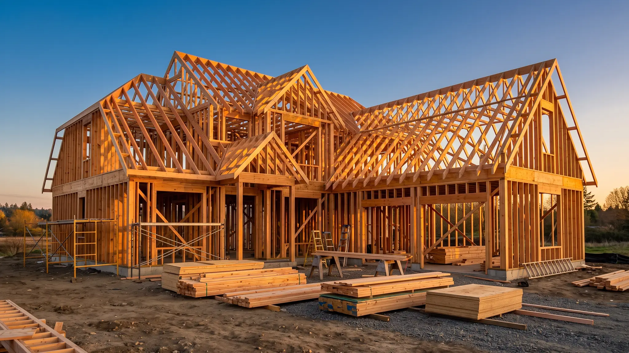 Framing and structure | Music City Carpenter New home timber framing at golden hour with freshly framed walls and roof trusses against a blue sky and neatly stacked lumber