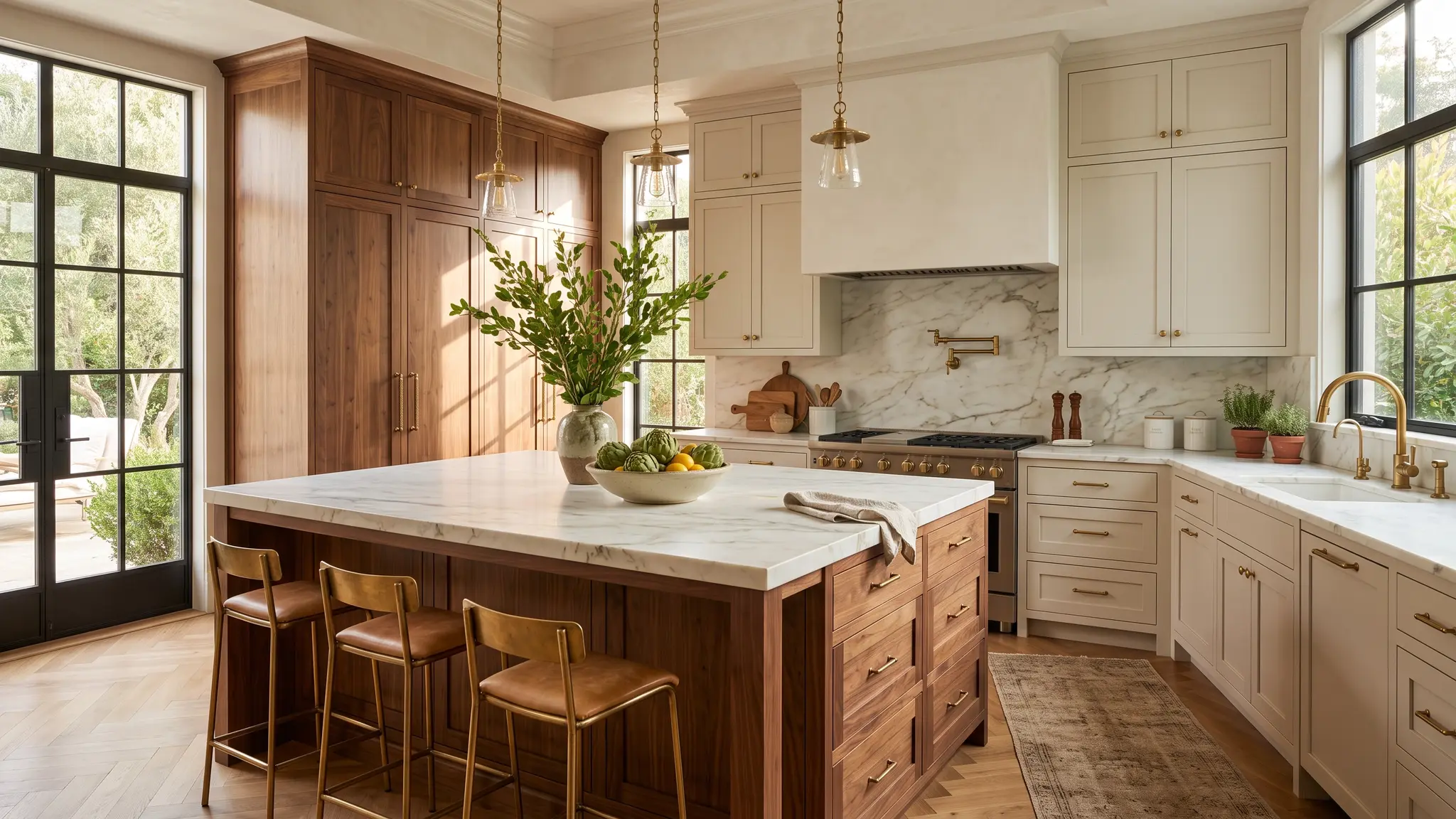 Custom cabinets | Music City Carpenter A luxury kitchen with custom walnut and painted shaker cabinets, a marble island, brass hardware and warm morning light