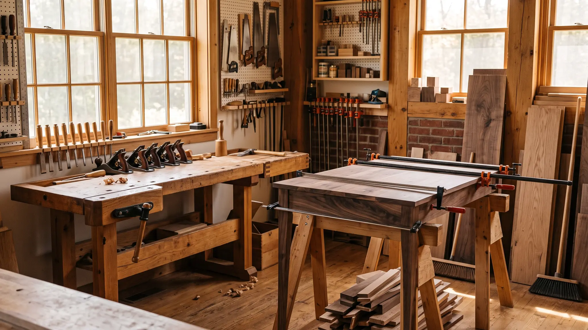 A tidy craftsman woodworking shop with a workbench, hand planes, chisels, clamps and a half-built walnut table in warm light