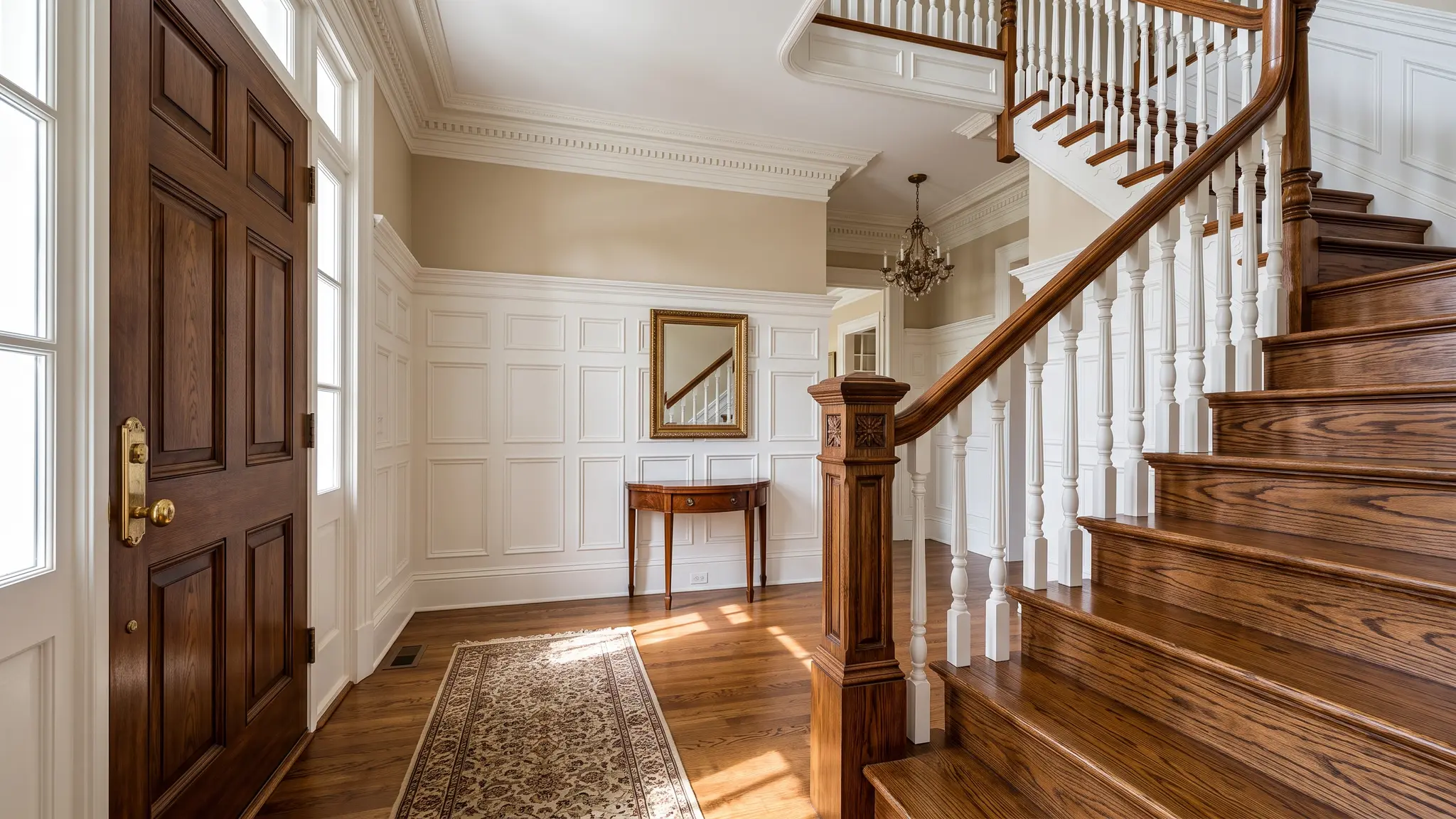 A formal entry hall with detailed crown molding, wainscoting, a paneled door and a hardwood staircase with painted balusters