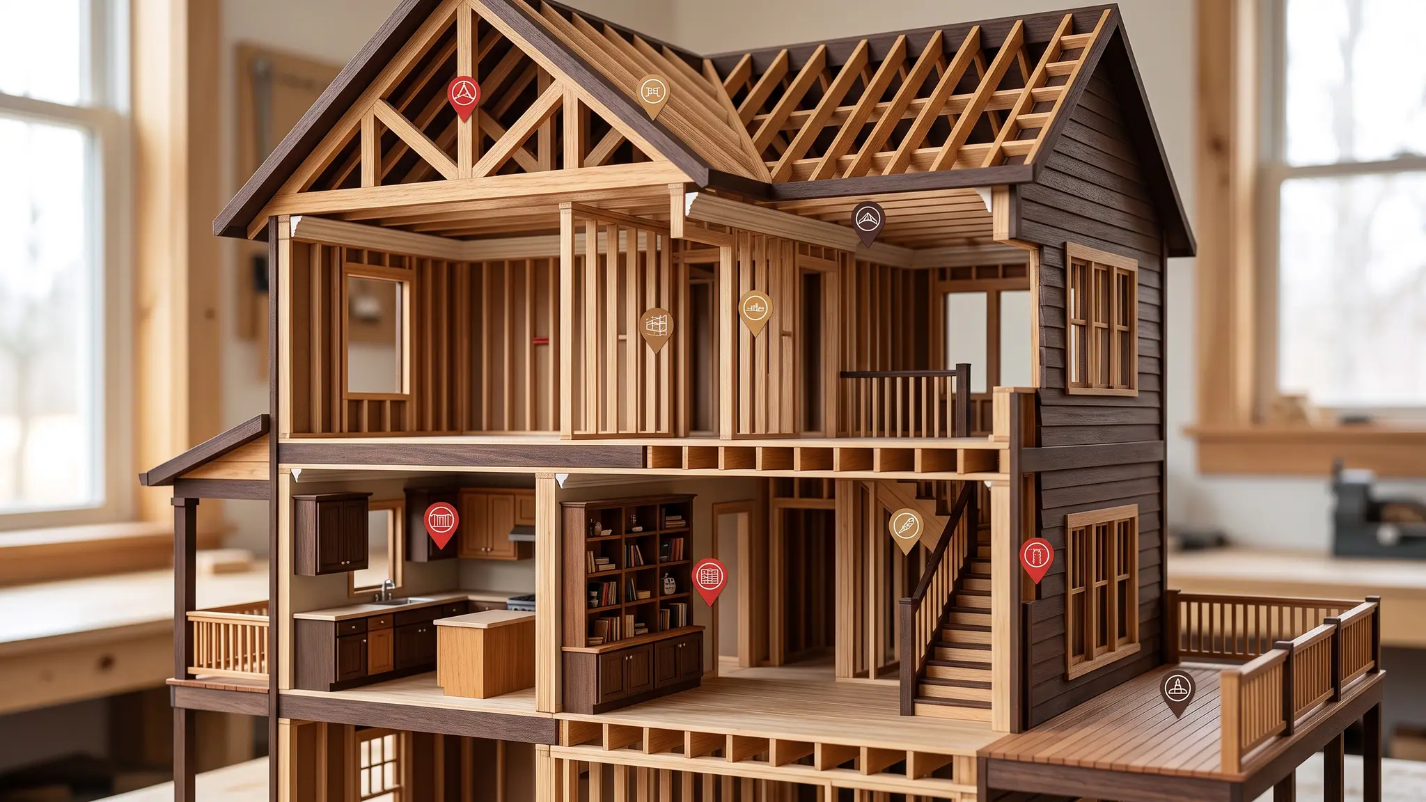 A cutaway illustration of a house showing wall framing, roof trusses, crown molding, kitchen cabinets, built-in shelves, a staircase and a deck with small marker icons, in espresso brown, oak tan and red tones