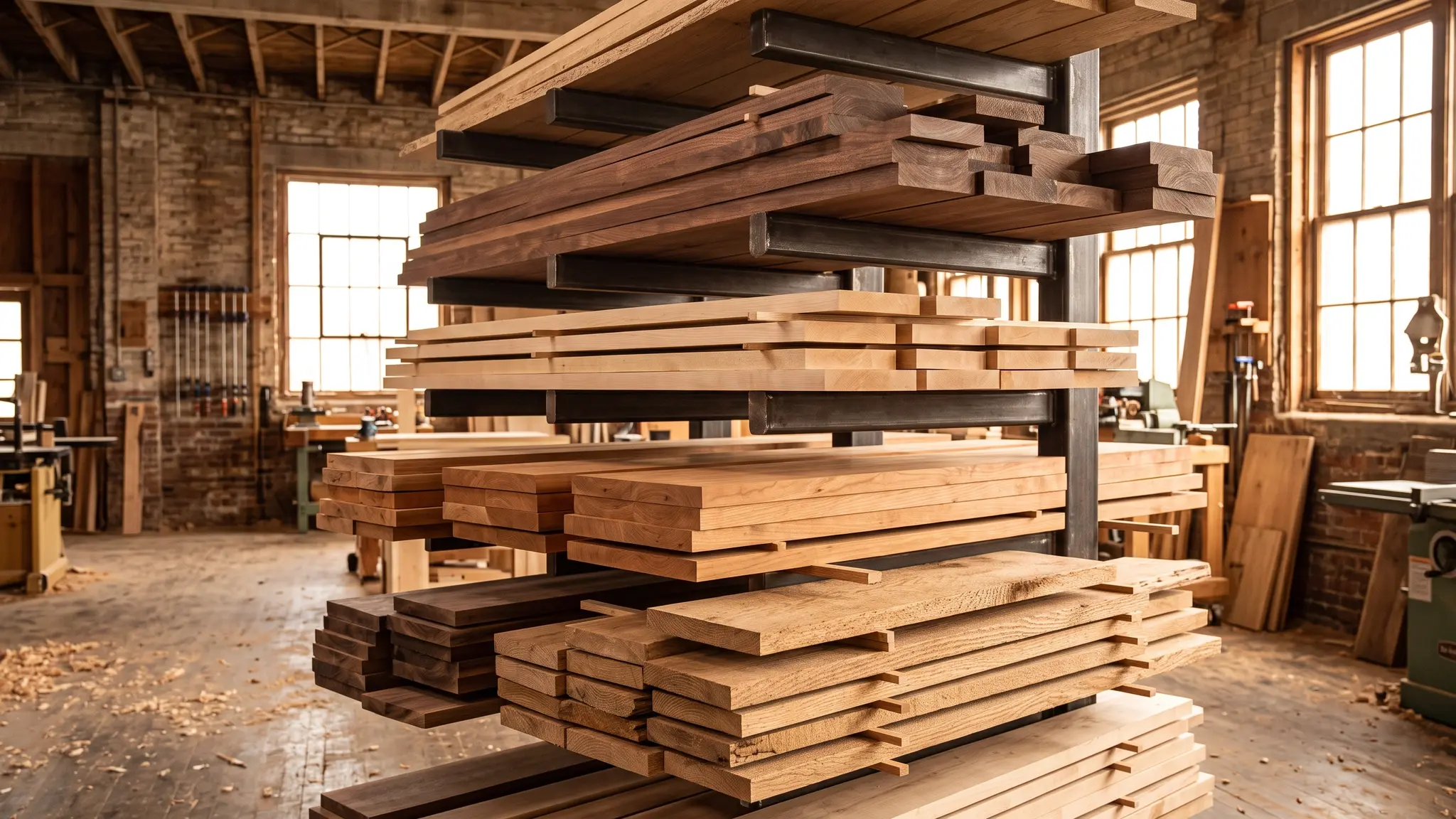 A lumber rack with neatly stacked hardwood boards of oak, walnut, maple and cherry in warm light