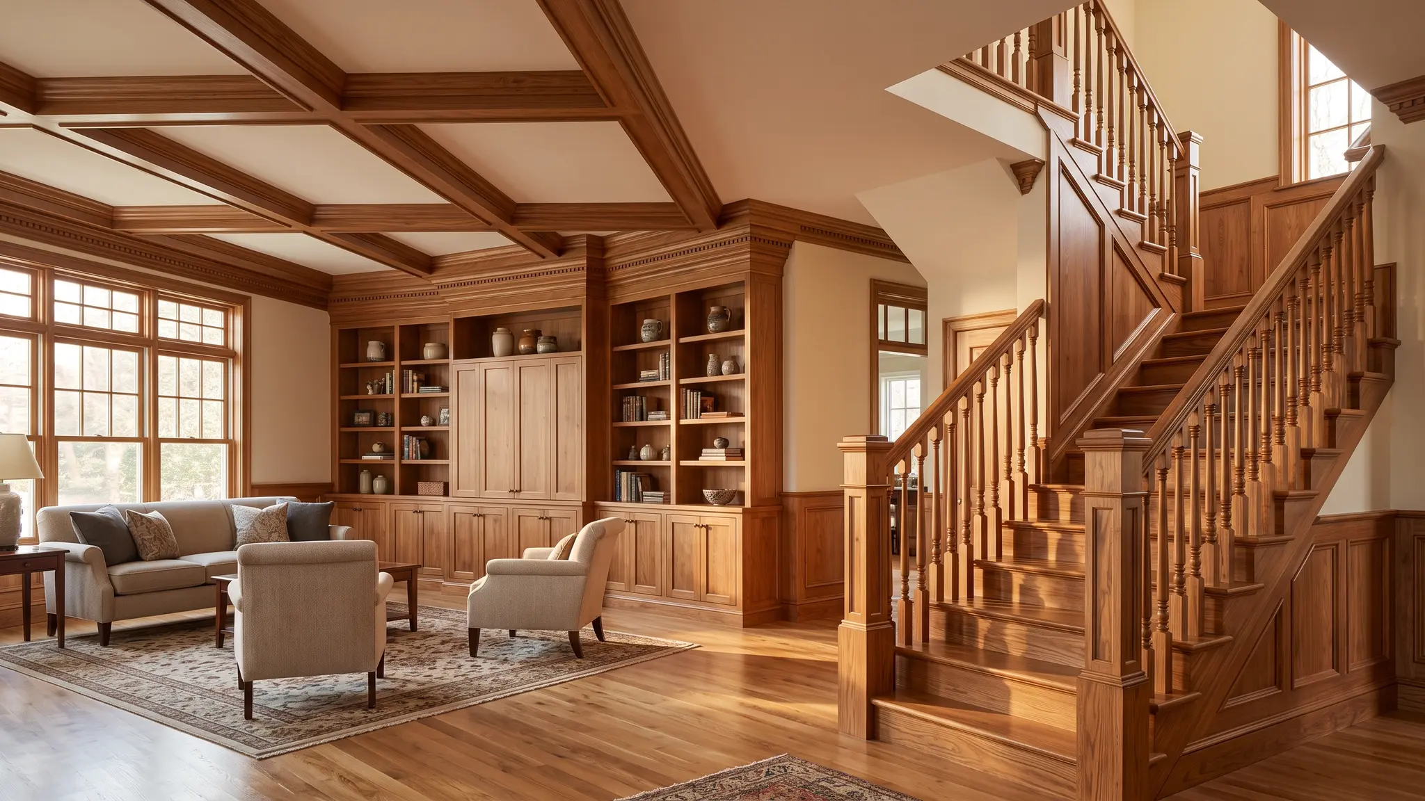 A finished open-plan home interior with custom millwork, built-in shelving, a coffered ceiling and a hardwood staircase in warm light