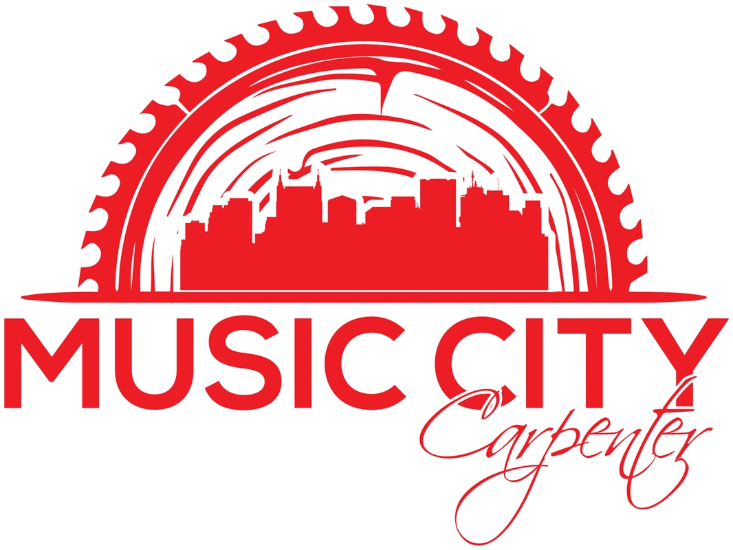 Music City Carpenter logo: a red circular saw blade crest over a Nashville skyline and wood grain rings, with the words Music City in bold capitals and Carpenter in a flowing script