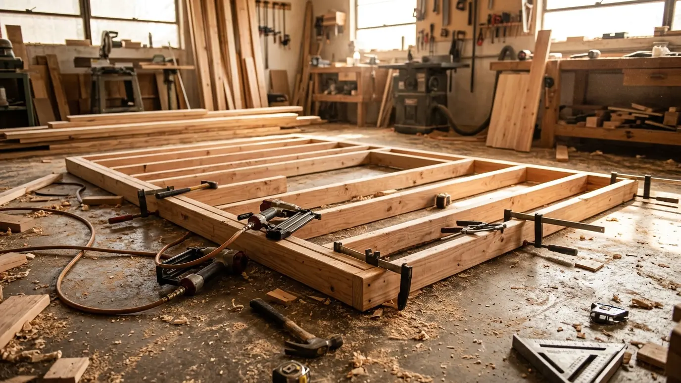 A half-built wall frame lying on a shop floor with a nail gun, clamps and sawdust in warm light