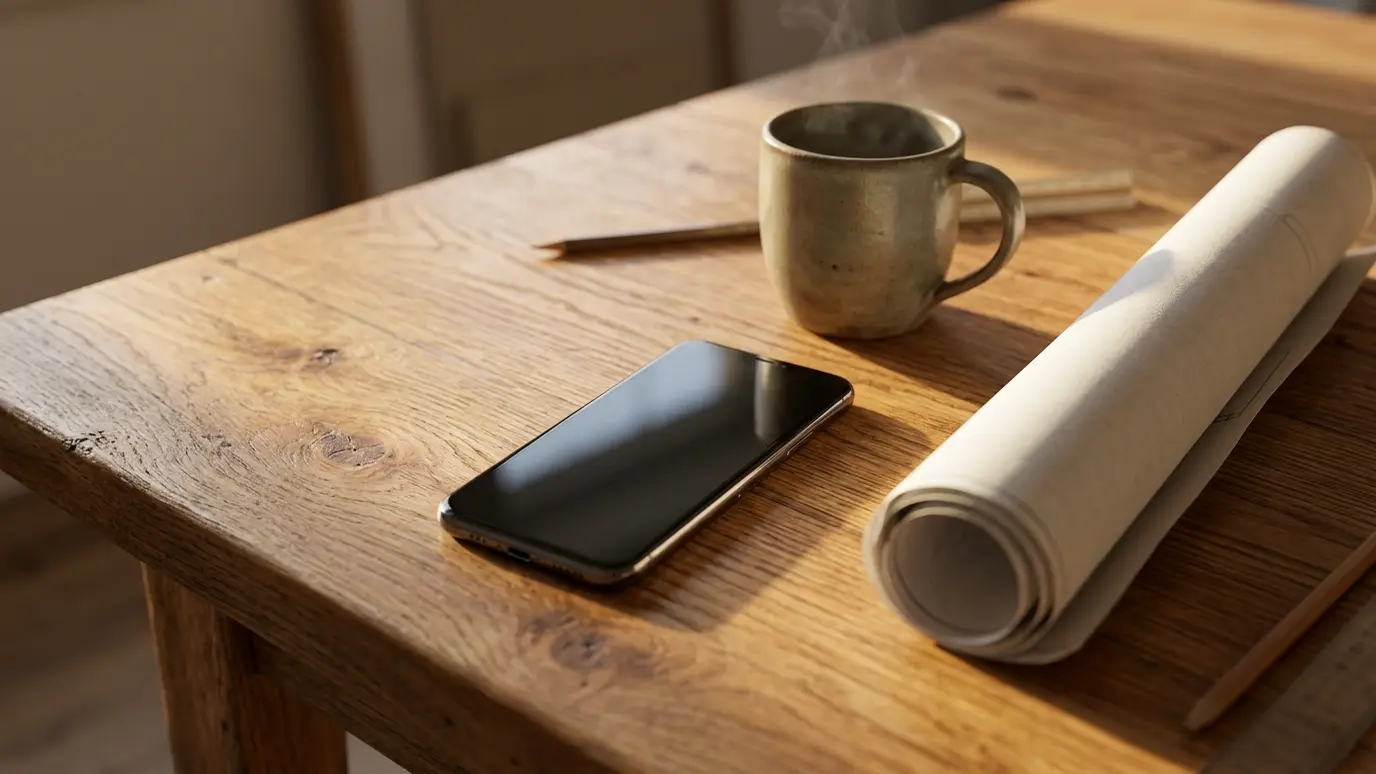 A smartphone with a blank dark screen on an oak table beside a coffee mug and a rolled blank blueprint in warm light