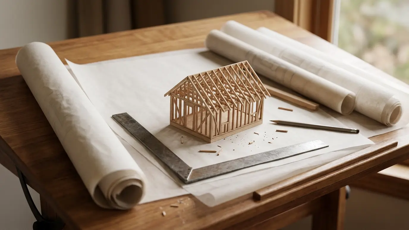 Blank architectural drawings, a framing square, a pencil and a small wooden scale model of a house frame on a drafting table