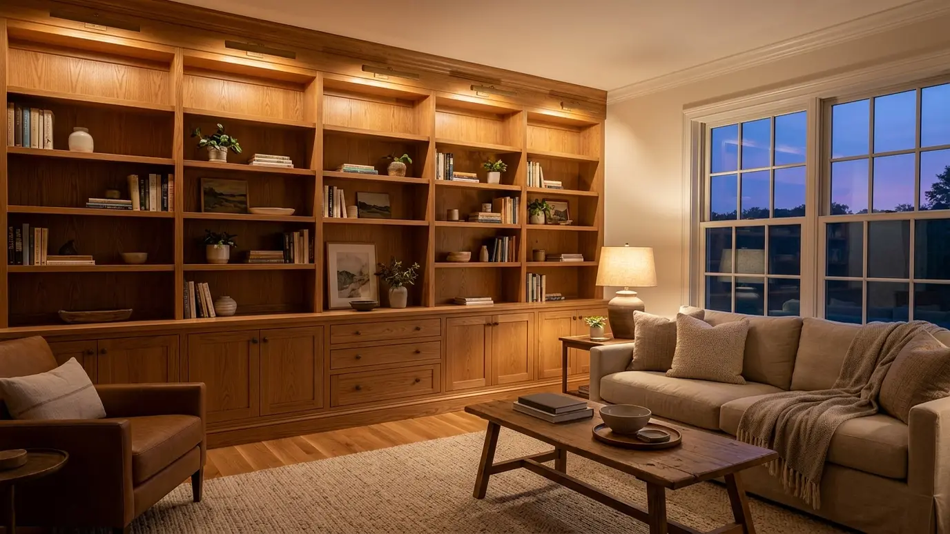 A finished living room with custom built-in shelves and a warm lamp glowing in the evening