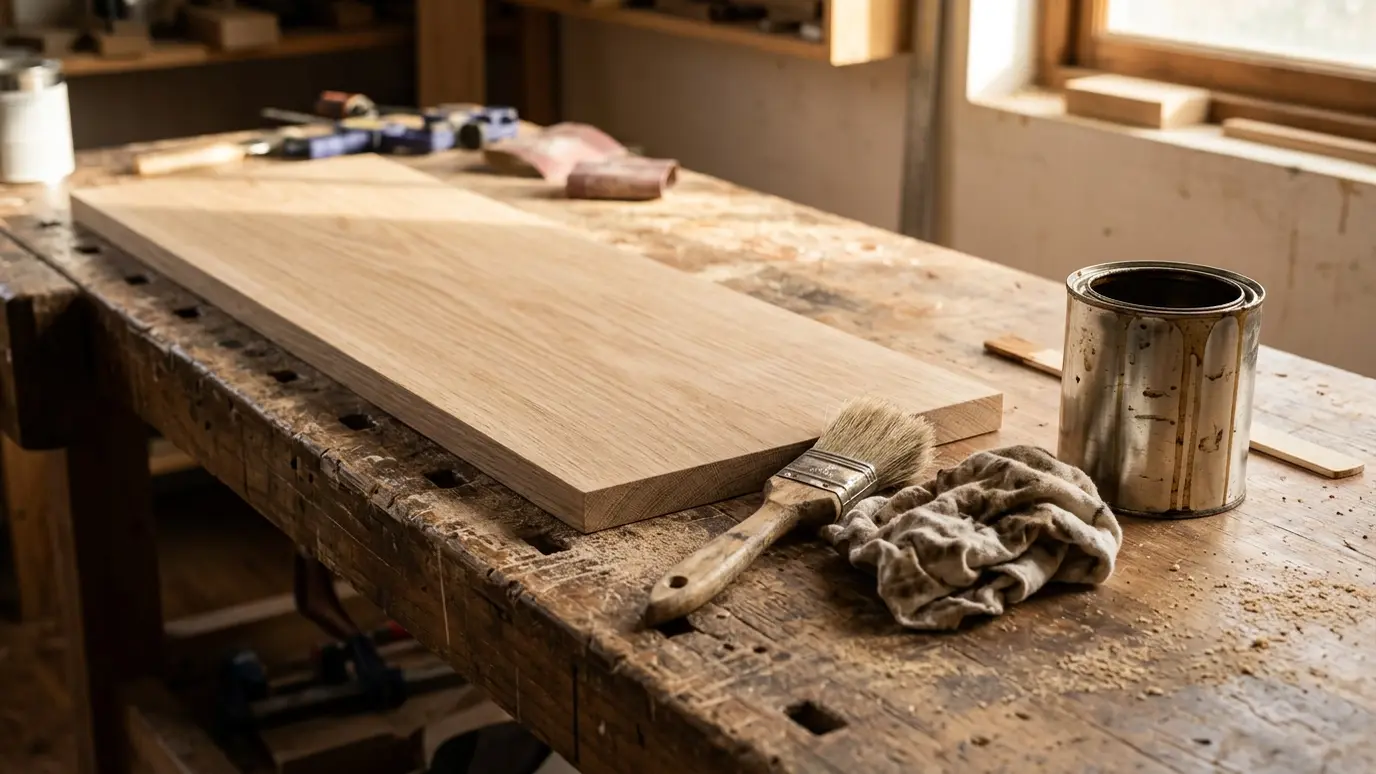 A sanded oak panel on a bench with a brush, a can of wood stain and a rag in warm light