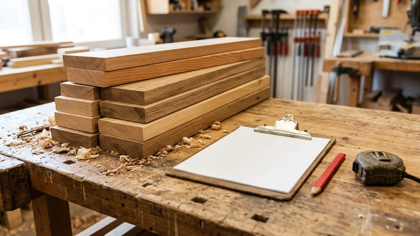 Stacked lumber boards on a workbench with a blank clipboard, a pencil and a tape measure in bright shop light