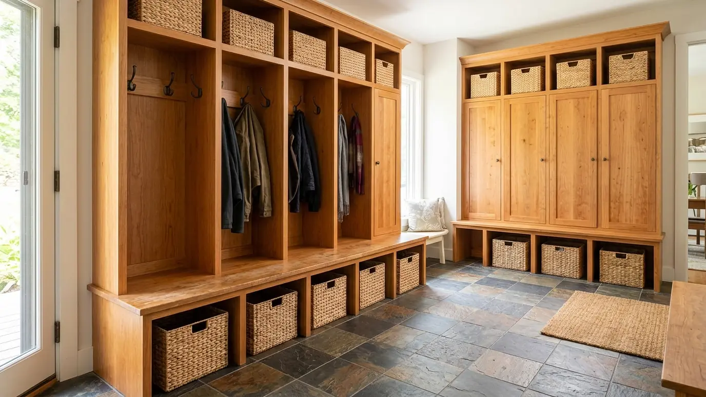 A mudroom with custom lockers, a bench with cubbies, hooks and baskets and a slate floor