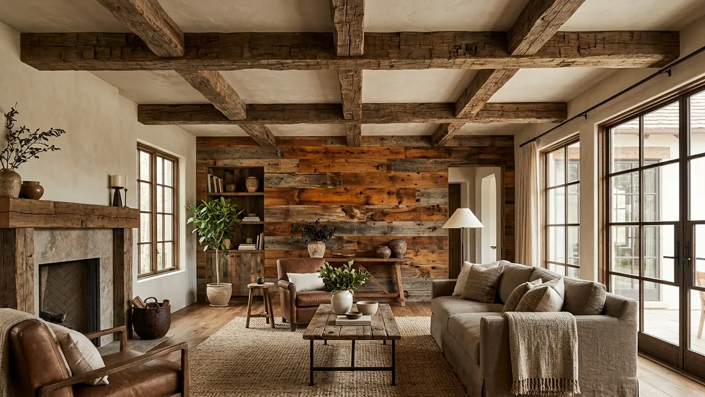 A living room with hand-hewn reclaimed timber ceiling beams and a reclaimed wood feature wall