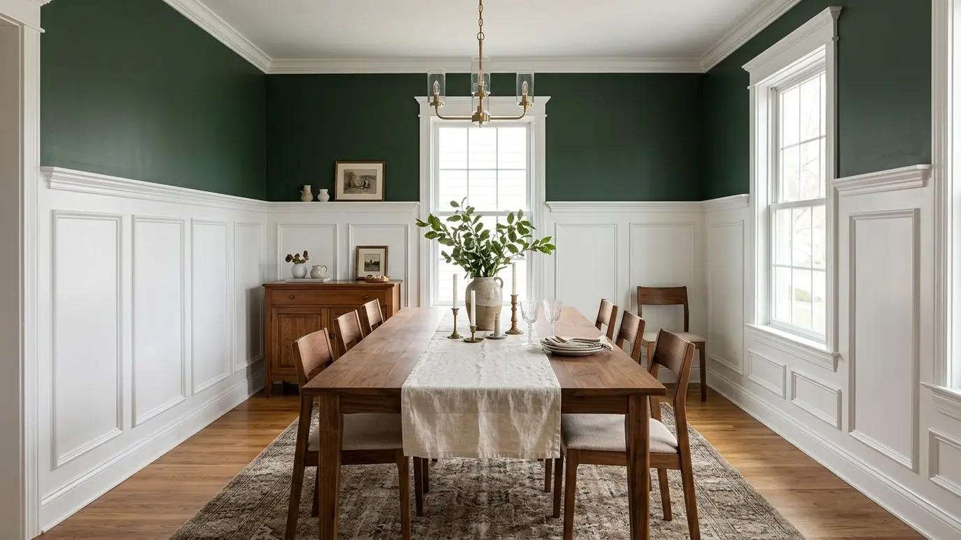 A dining room with white shadow-box wainscoting and a deep green wall above a dining table